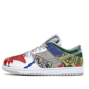 Une sneaker avec patchwork multicolore et divers motifs sur fond blanc.